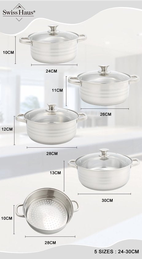 La Swiss Haus® è un set di pentole completo e versatile, pensato per offrire massima praticità e prestazioni elevate in cucina. Il set comprende 9 pezzi di pentole in acciaio inox, ideali per la preparazione quotidiana di un’ampia varietà di ricette.