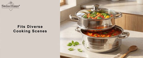 La Swiss Haus® è un set di pentole completo e versatile, pensato per offrire massima praticità e prestazioni elevate in cucina. Il set comprende 9 pezzi di pentole in acciaio inox, ideali per la preparazione quotidiana di un’ampia varietà di ricette.