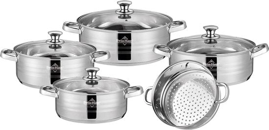 La Swiss Haus® è un set di pentole completo e versatile, pensato per offrire massima praticità e prestazioni elevate in cucina. Il set comprende 9 pezzi di pentole in acciaio inox, ideali per la preparazione quotidiana di un’ampia varietà di ricette.