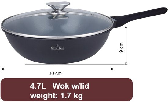 La Swiss Haus®è una wok versatile e capiente, ideale per saltare, friggere e preparare piatti della cucina asiatica e non solo. Con un diametro di 30 cm e una capacità di 4,7 litri, offre ampio spazio per una cottura pratica e veloce.