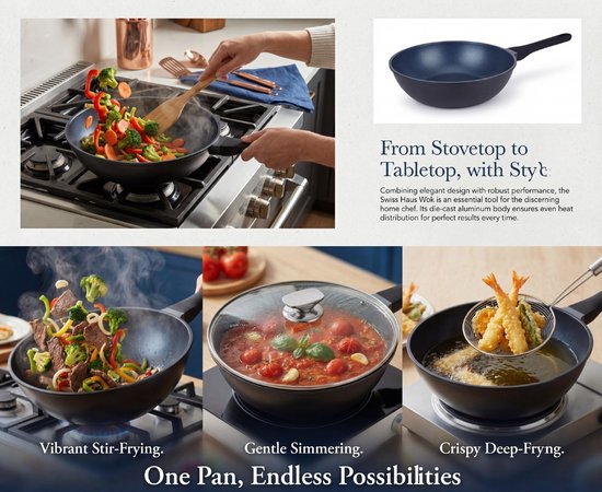 La Swiss Haus®è una wok versatile e capiente, ideale per saltare, friggere e preparare piatti della cucina asiatica e non solo. Con un diametro di 30 cm e una capacità di 4,7 litri, offre ampio spazio per una cottura pratica e veloce.