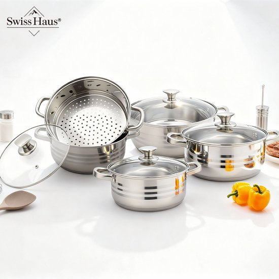 La Swiss Haus® è un set di pentole completo e versatile, pensato per offrire massima praticità e prestazioni elevate in cucina. Il set comprende 9 pezzi di pentole in acciaio inox, ideali per la preparazione quotidiana di un’ampia varietà di ricette.
