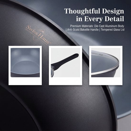 La Swiss Haus®è una wok versatile e capiente, ideale per saltare, friggere e preparare piatti della cucina asiatica e non solo. Con un diametro di 30 cm e una capacità di 4,7 litri, offre ampio spazio per una cottura pratica e veloce.