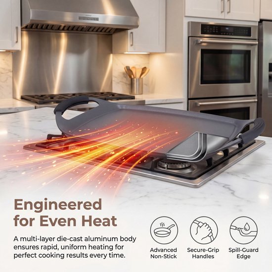 La Swiss Haus® è una piastra grill versatile e ideale per grigliare carne, pesce, verdure e preparazioni miste direttamente sul piano cottura. Con una superficie di 47 x 29 cm, offre ampio spazio per cucinare più alimenti contemporaneamente.